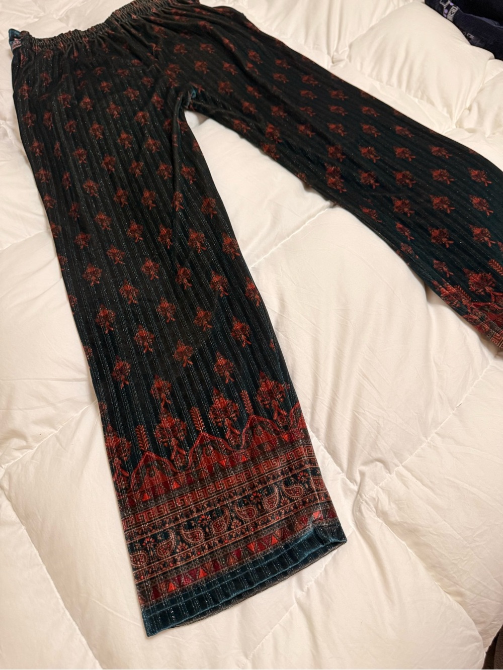Velvet Pants Teal Rust Paisley Border Print Palazzo trousers
